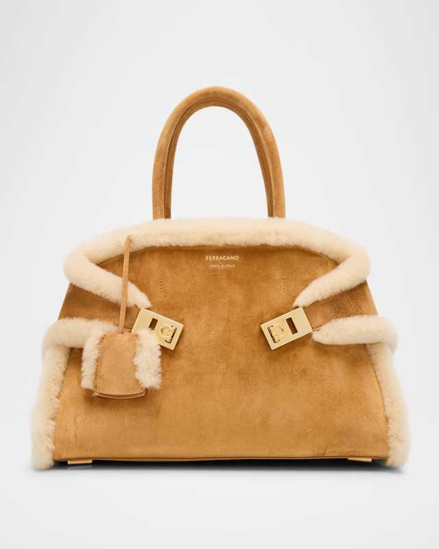 Medium Hug Sheep Fur and Suede Top-Handle Bag